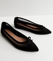 New Look Wide Fit Black Mesh Spot Bow Pointed Ballerina Pumps